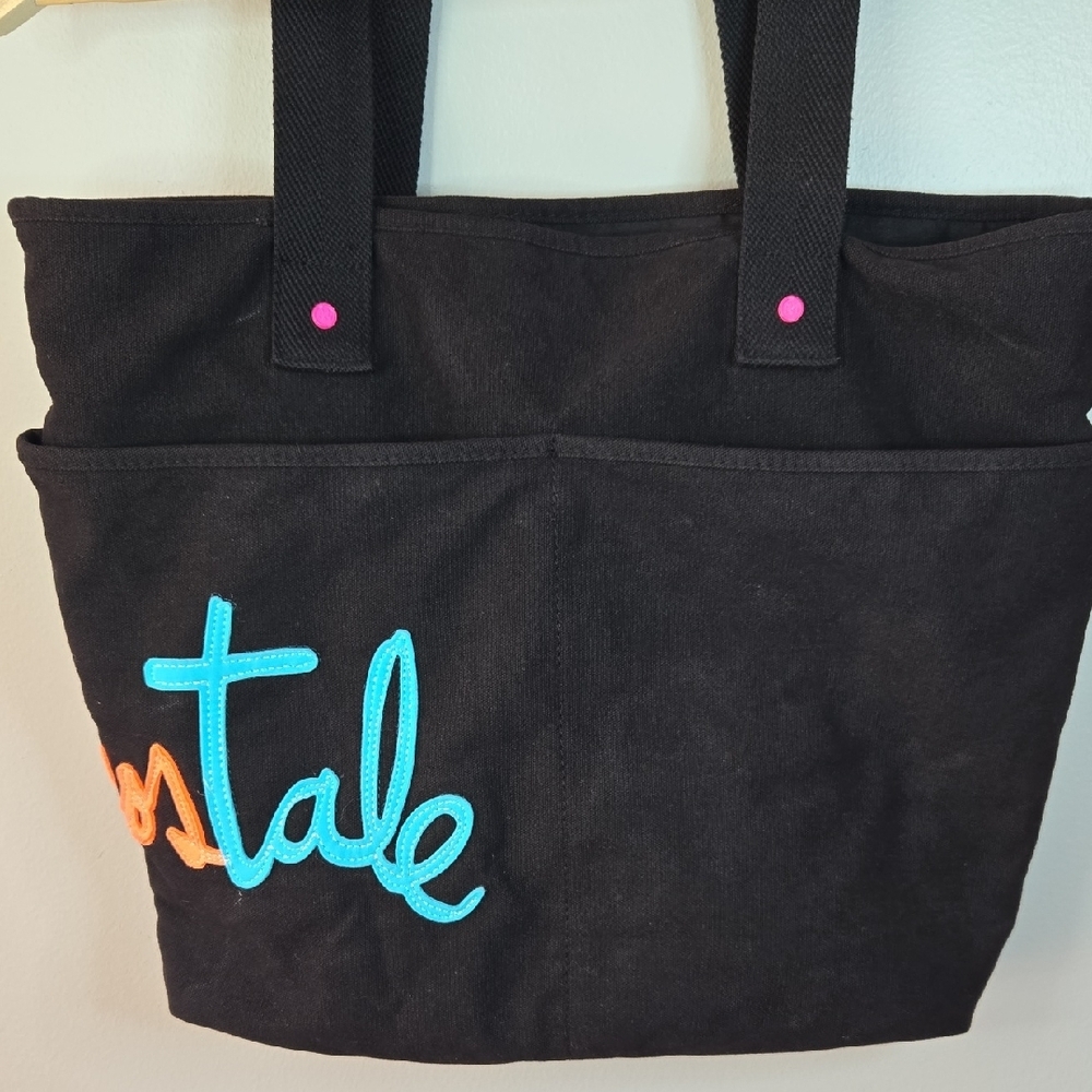 Aeropostale Y2K Black Canvas Signature Colorful Logo Pocket Handles Tote Bag - Picture 3 of 15